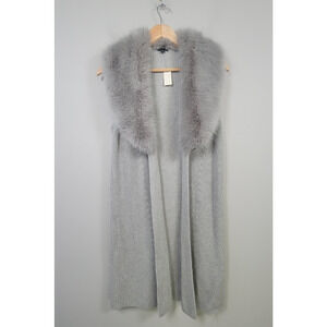 NWT Talbots Small Gray Sleeveless Knit Vest Faux Fur Collar